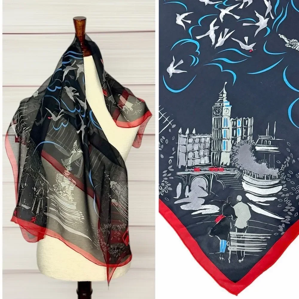 Lulu Guinness Silk Chiffon Scarf London Conture Themed Black Red Sheer 33x33